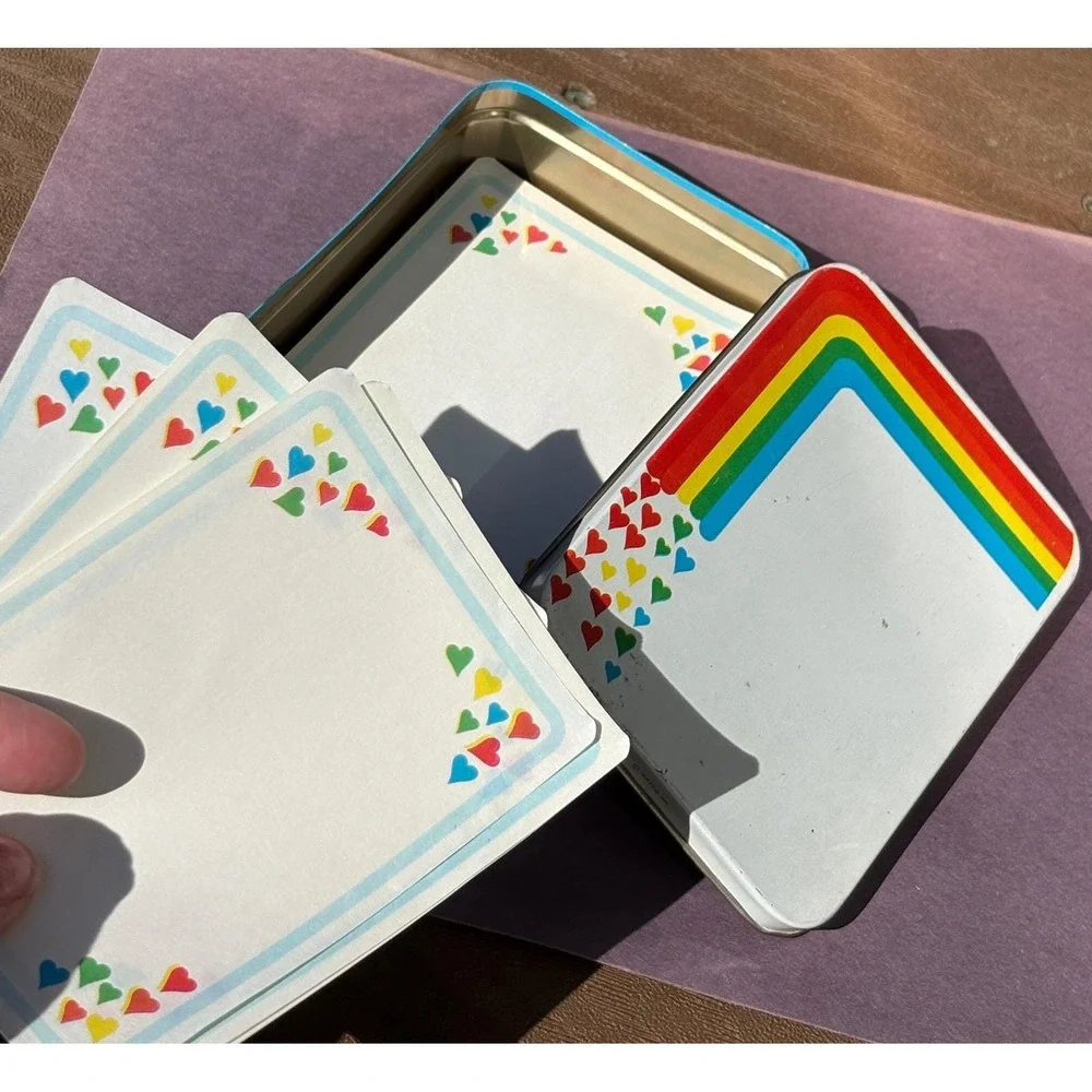 Vintage 80's Rainbow Heart Stationery Set Tin‎ Blue White Retro